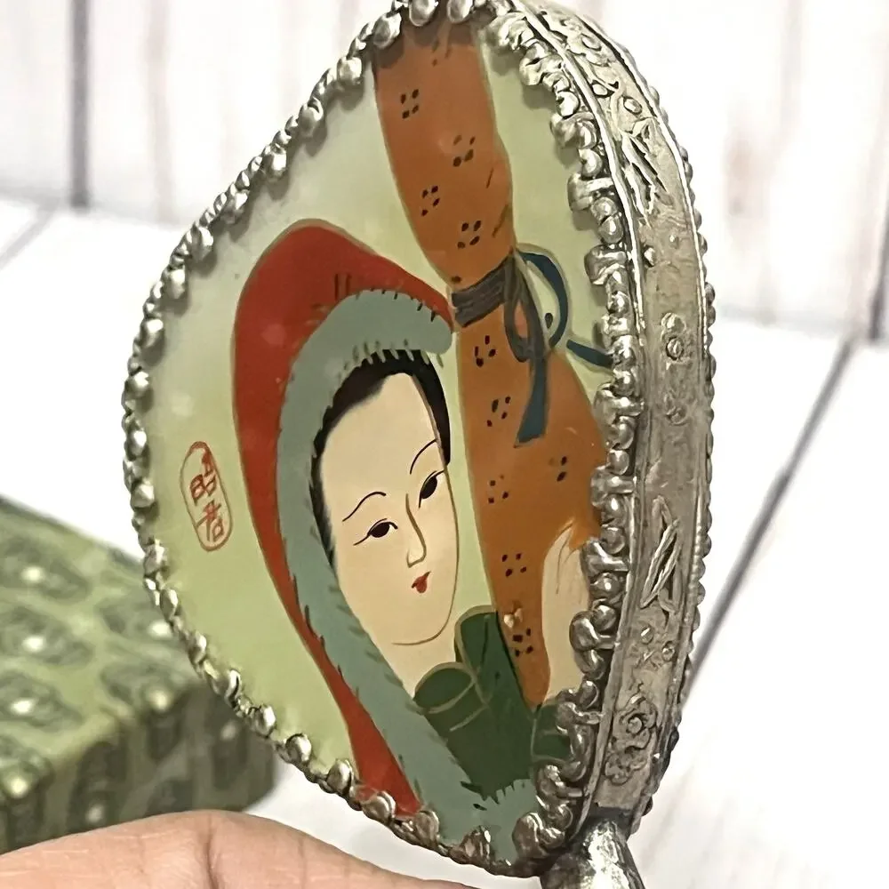 Vintage Asian Heart Shaped Hand Mirror Geisha Enamel Faux Jade Handle